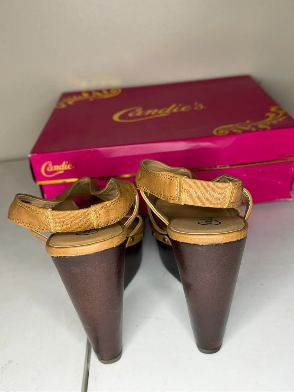 Candie's Cognac Leather Platform Wedge Sandals